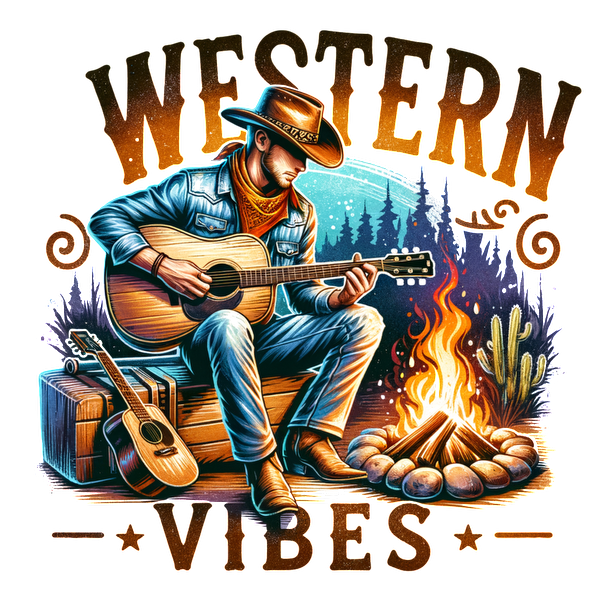 Un vaquero toca la guitarra junto a una fogata, rodeado de pinos, con el vibrante texto "Western Vibes" encima.