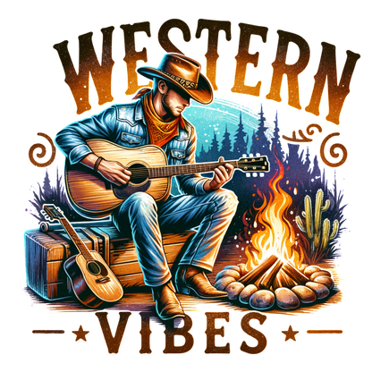 Un vaquero toca la guitarra junto a una fogata, rodeado de pinos, con el vibrante texto "Western Vibes" encima.