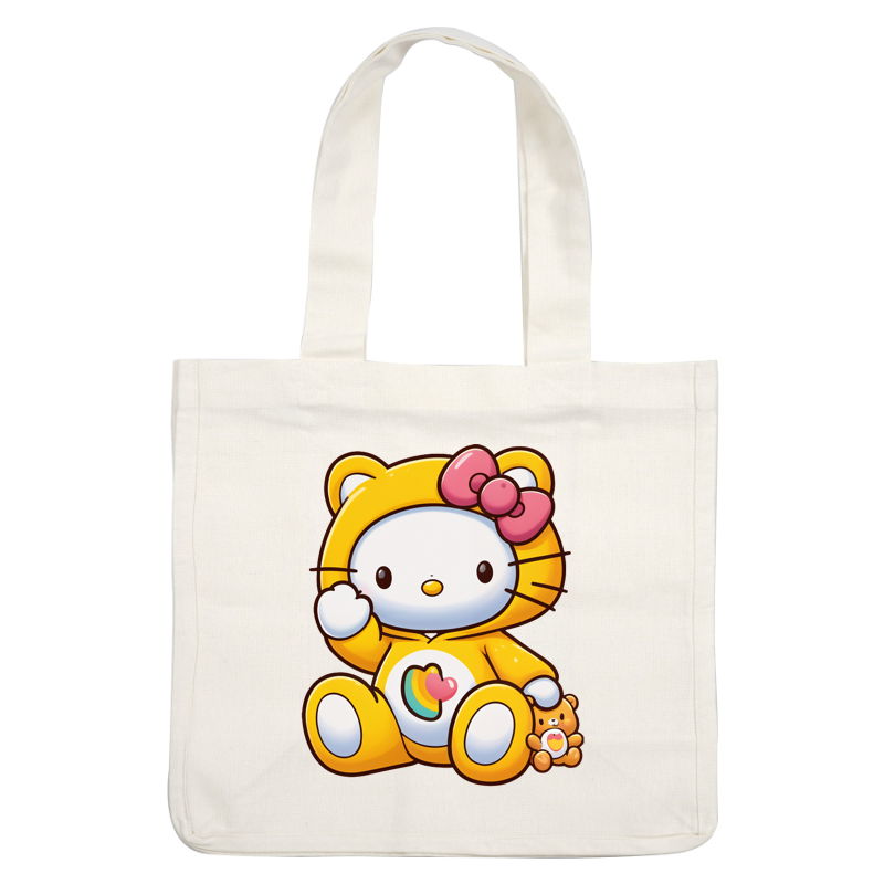 This adorable character features a yellow cat-like design, complete with a pink bow and a colorful heart design on its belly.DTF Transfers