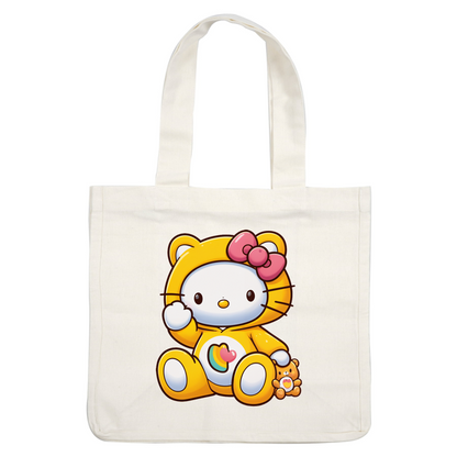 This adorable character features a yellow cat-like design, complete with a pink bow and a colorful heart design on its belly.DTF Transfers