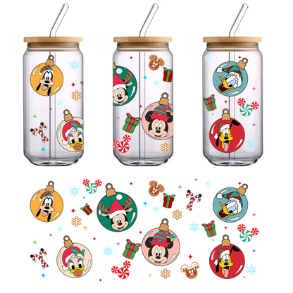 Celebrate the holidays with these festive ornaments featuring beloved Disney characters like Mickey, Minnie, Donald, and Goofy in cheerful attire!UV Transfers dtf prints