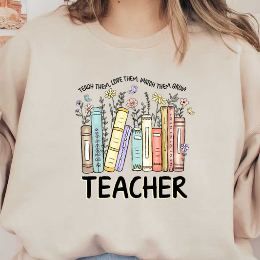 A charming illustration of colorful books adorned with flowers and butterflies, highlighting the word "TEACHER" in a whimsical style.DTF Transfers