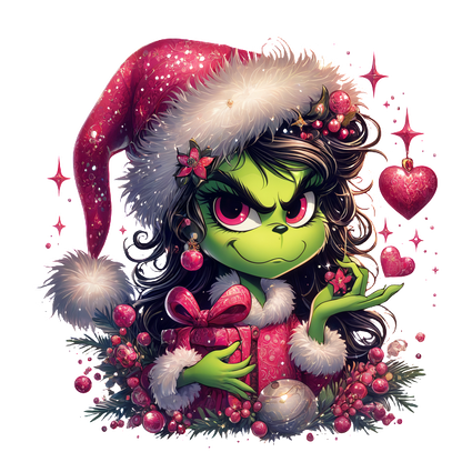 A whimsical green character in a festive Santa hat holds a heart, surrounded by holiday decorations and gifts.DTF Transfers dtf prints