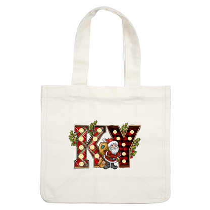 A festive design featuring "KY" in plaid patterns, adorned with holly, and a cheerful Santa holding a sack and a cat.DTF Transfers heat press transfersdtf regular iron