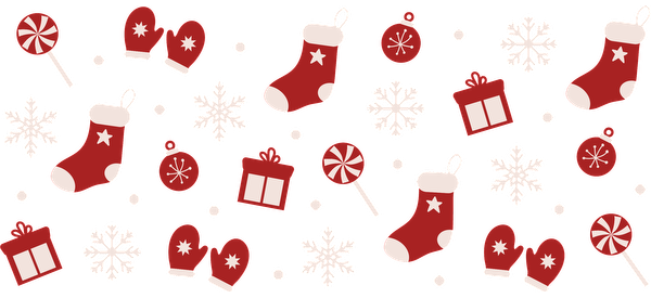 A festive pattern featuring red Christmas stockings, mittens, gifts, candy canes, and snowflakes, perfect for holiday celebrations!UV Transfers