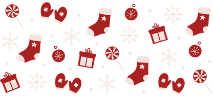 A festive pattern featuring red Christmas stockings, mittens, gifts, candy canes, and snowflakes, perfect for holiday celebrations!UV Transfers