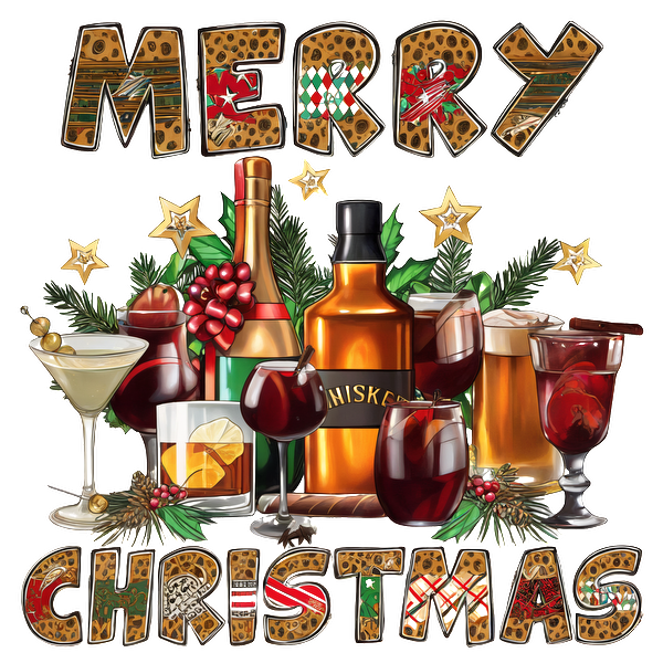 Celebrate the season with festive drinks and a cheerful "Merry Christmas" greeting surrounded by holiday decorations. dtf prints