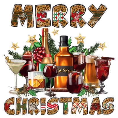 Celebrate the season with festive drinks and a cheerful "Merry Christmas" greeting surrounded by holiday decorations. dtf prints