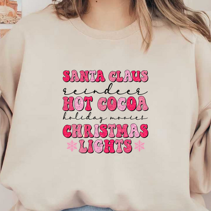 Festive glittery text featuring "Santa Claus," "Hot Cocoa," and "Christmas Lights," perfect for holiday decorations and cheer! dtf transfers