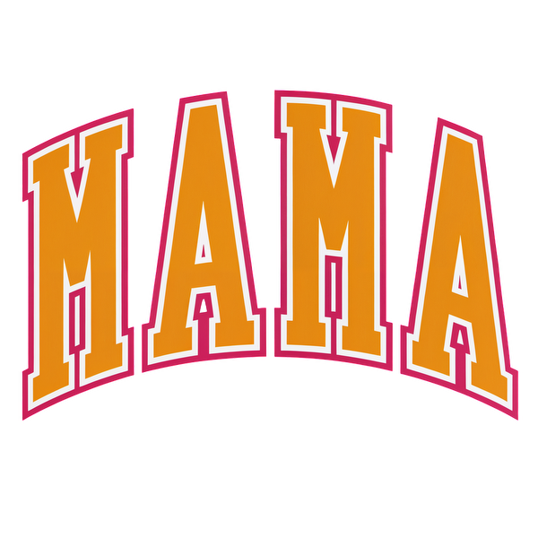 Un diseño gráfico vibrante que presenta la palabra "MAMA" en letras naranjas llamativas con un contorno rosa, enfatizando un estilo divertido. Transferencias DTF