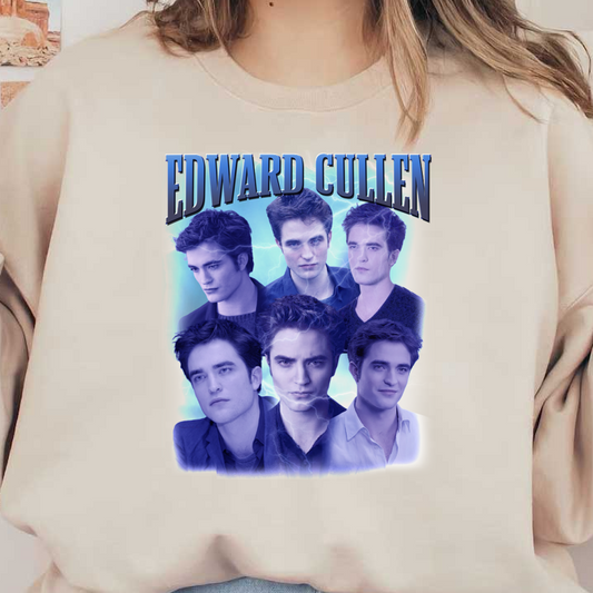 A striking collage of Edward Cullen showcasing multiple expressions against a blue, lightning-themed background.DTF Transfers dtf prints