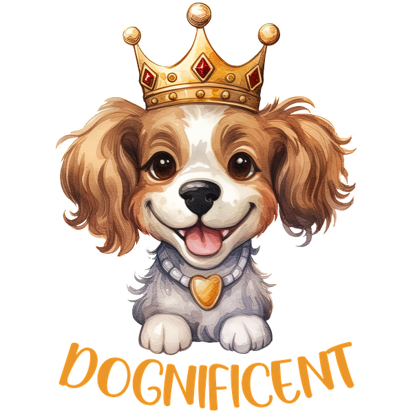 Una encantadora ilustración de un perro feliz con una corona real, acompañado del divertido texto "DOGnificent".