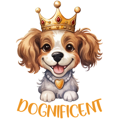 Una encantadora ilustración de un perro feliz con una corona real, acompañado del divertido texto "DOGnificent".