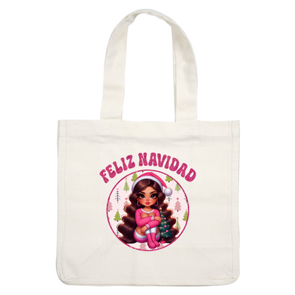 A festive illustration featuring a stylish girl in pink pajamas and Santa hat, surrounded by Christmas trees, captioned "Feliz Navidad." dtf prints