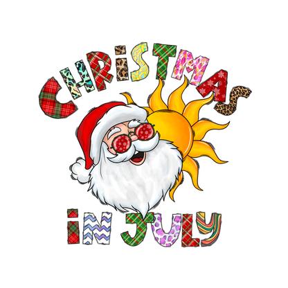 Celebrate "Christmas in July" with a fun illustration of Santa wearing sunglasses, surrounded by a bright sun and colorful text!DTF Transfersdtf regular iron