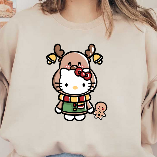 This festive illustration features Hello Kitty dressed in winter attire, accompanied by a reindeer and a cheerful gingerbread cookie.DTF Transfers