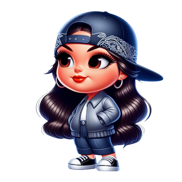 A cute cartoon girl with long wavy hair, wearing a stylish oversized jacket, hat, and casual pants. heat press transfers