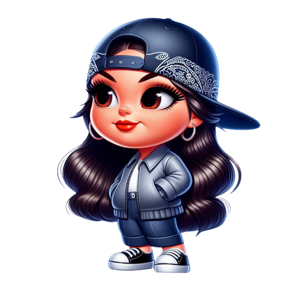 A cute cartoon girl with long wavy hair, wearing a stylish oversized jacket, hat, and casual pants. heat press transfers