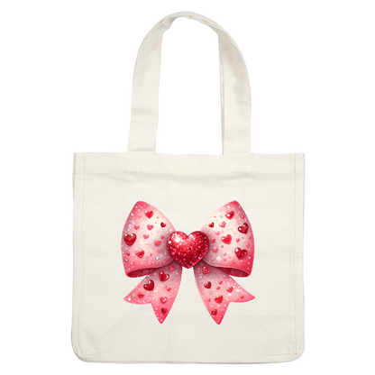 A cute pink bow embellished with sparkling hearts and a glittery heart in the center, perfect for festive occasions.DTF Transfers