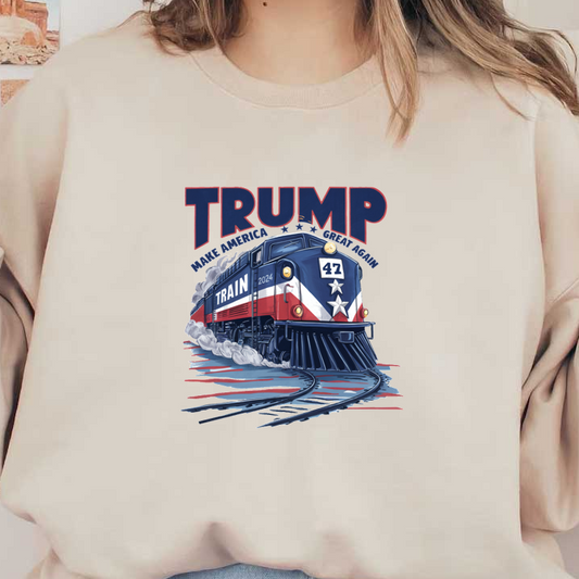 A vibrant graphic featuring a vintage train adorned with "TRUMP" and "TRAIN 2024," symbolizing a political campaign theme. heat press transfers