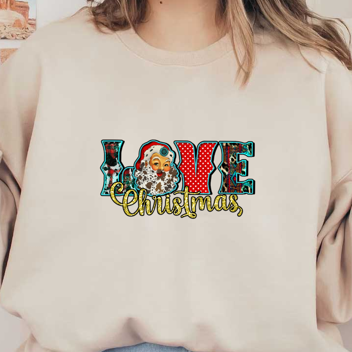 ¡Celebre el espíritu festivo con este vibrante diseño "Love Christmas" que presenta un alegre Papá Noel y letras coloridas!