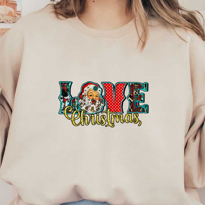 ¡Celebre el espíritu festivo con este vibrante diseño "Love Christmas" que presenta un alegre Papá Noel y letras coloridas!