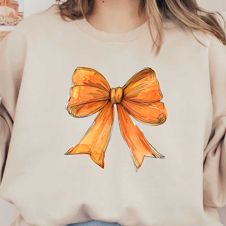 A vibrant orange ribbon bow, beautifully illustrated with flowing tails and textured detailing, perfect for decorations or gifts. dtf transfers