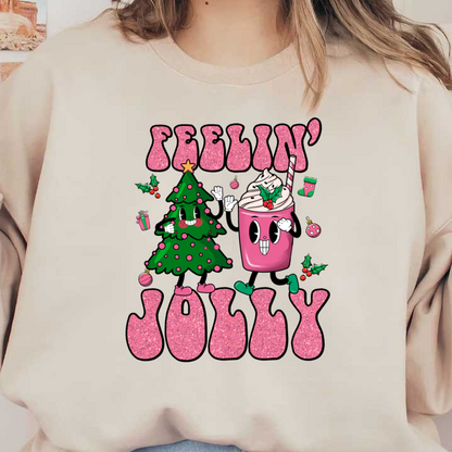 Un alegre gráfico con temática navideña que presenta un lindo árbol de Navidad y una taza de postre rosa con un texto divertido que dice "Feelin' Jolly".