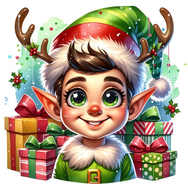 A cheerful young elf wearing a festive green outfit, antlers, and a Santa hat, surrounded by colorful Christmas presents.DTF Transfers dtf prints