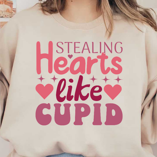 "Playfully designed text saying 'Stealing Hearts like Cupid' in vibrant pink shades, perfect for romantic themes or Valentine’s Day."DTF Transfers
