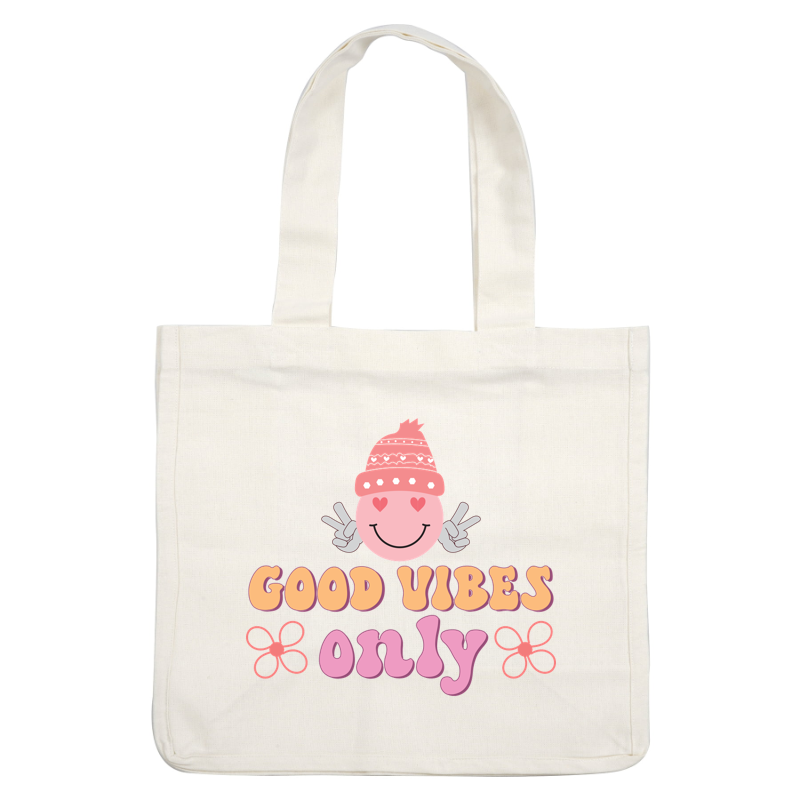 Gráfico alegre que presenta un personaje sonriente con un sombrero rosa con la frase "GOOD VIBES ONLY" (SOLO BUENAS VIBRAS) en letras vibrantes y divertidas.