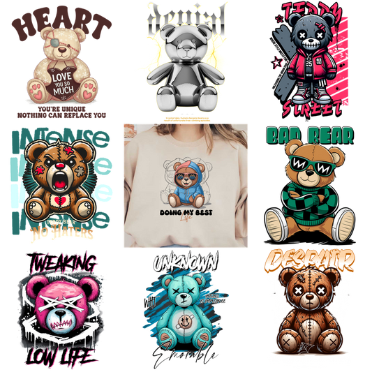 A collection of graphic t-shirts featuring various bear designs, including cute and edgy styles.DTF Transfers