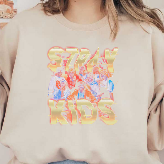 A vibrant graphic featuring the K-pop group Stray Kids, highlighted with bold, colorful text and a lively background.DTF Transfersdtf regular iron