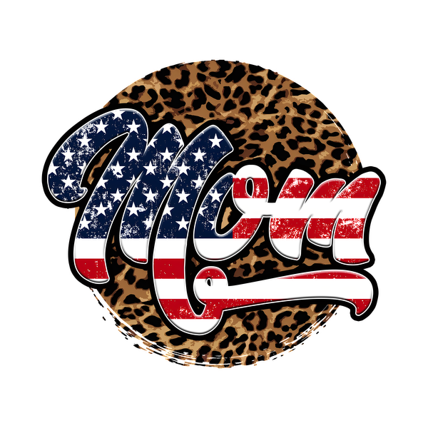 Stylish "Mom" graphic featuring a patriotic American flag design, set against a bold leopard print background.