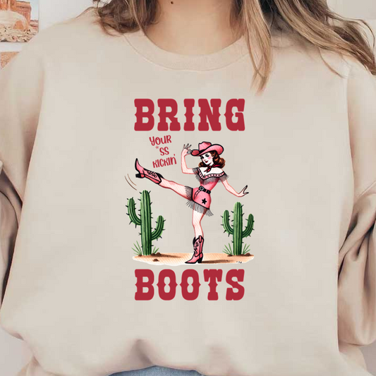 Una divertida ilustración de estilo vintage que presenta a una vaquera vestida de rosa con cactus y la frase "Trae tus botas".