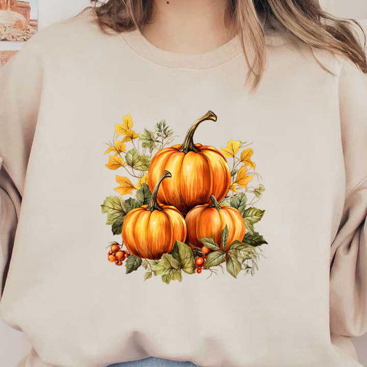 A charming illustration featuring three vibrant orange pumpkins surrounded by autumn leaves and berries, perfect for fall decor.dtf regular iron