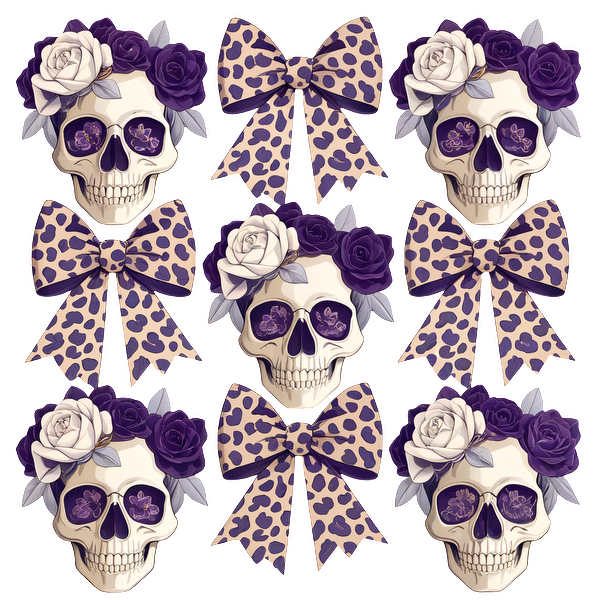 Una divertida variedad de calaveras decorativas adornadas con flores violetas y elegantes lazos con estampado de leopardo, que combinan diversión y elegancia.