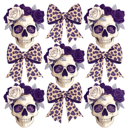 Una divertida variedad de calaveras decorativas adornadas con flores violetas y elegantes lazos con estampado de leopardo, que combinan diversión y elegancia.