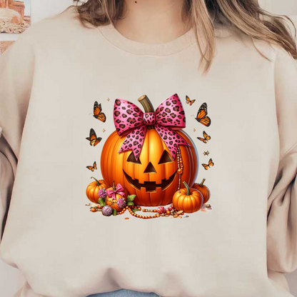 This vibrant Halloween scene features a cheerful jack-o'-lantern adorned with a pink leopard bow, surrounded by smaller pumpkins and butterflies.