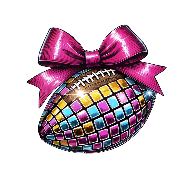 Un balón de fútbol vibrante y brillante, adornado con un gran lazo rosa y con patrones de mosaicos coloridos para una apariencia divertida y festiva.