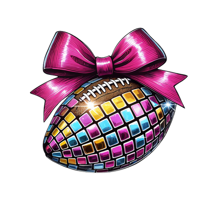 Un balón de fútbol vibrante y brillante, adornado con un gran lazo rosa y con patrones de mosaicos coloridos para una apariencia divertida y festiva.