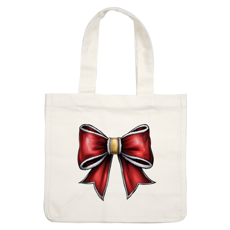 A festive red bow with white trim and a gold center, perfect for holiday decorations or gift wrapping. dtf prints