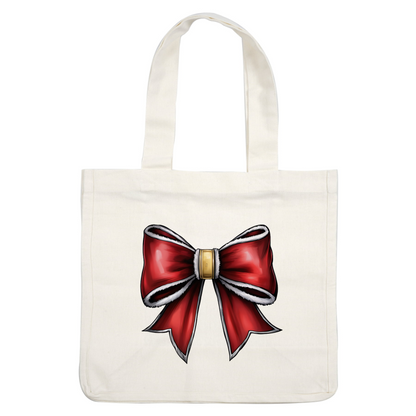 A festive red bow with white trim and a gold center, perfect for holiday decorations or gift wrapping. dtf prints