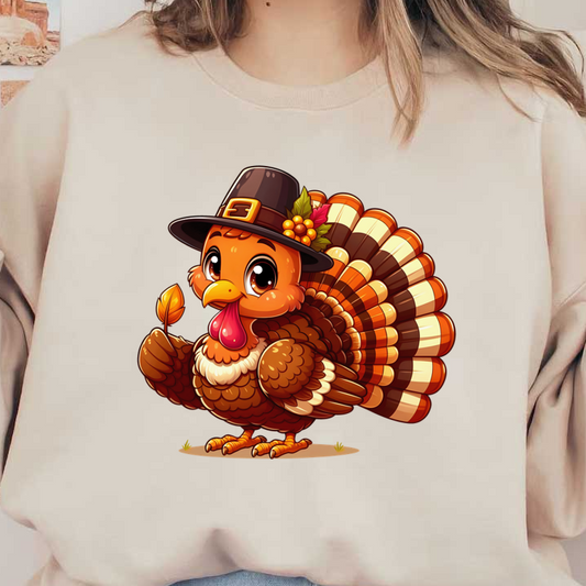 A cute cartoon turkey wearing a pilgrim hat and holding a leaf, celebrating Thanksgiving with vibrant colors and a cheerful expression. dtf prints