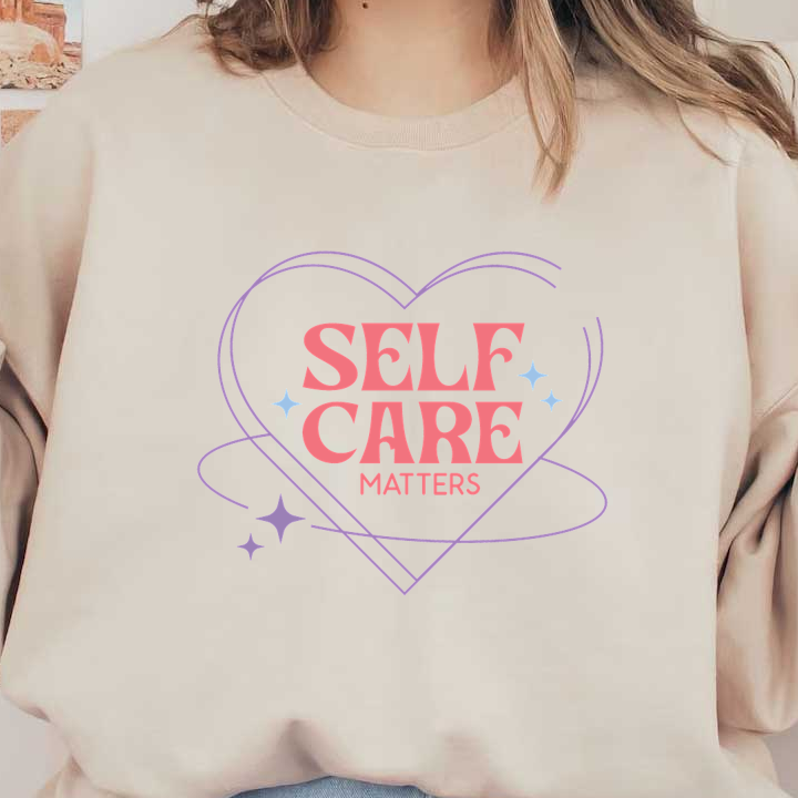 Un gráfico de corazón vibrante que presenta la frase "Self Care Matters" en letras divertidas, rodeada de estrellas y un diseño caprichoso.