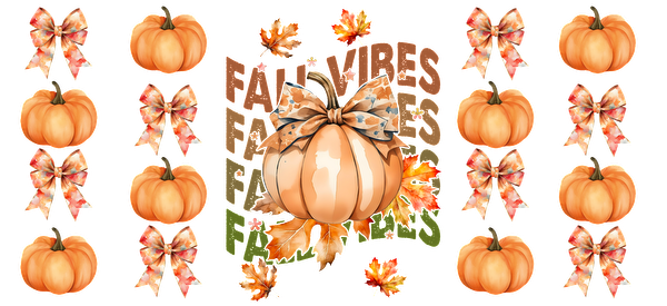 A festive autumn-themed design featuring pumpkins, colorful leaves, and playful bows, perfect for celebrating the fall season.UV Transfersdtf regular iron