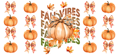 A festive autumn-themed design featuring pumpkins, colorful leaves, and playful bows, perfect for celebrating the fall season.UV Transfersdtf regular iron