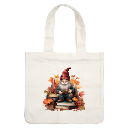 A charming gnome with a striped hat sits on a stack of books surrounded by vibrant autumn leaves and decorations. heat press transfers