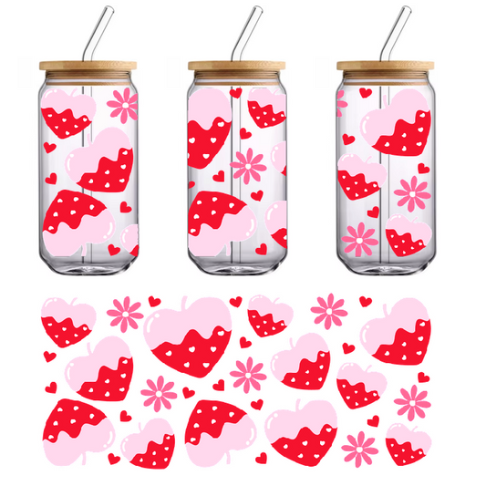 Graphic design featuring heart shapes, strawberries, and flowers.UV Transfers
