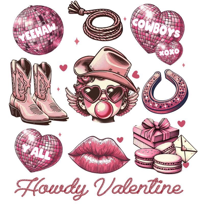 Celebrate love with this vibrant, playful collection of cowboy-themed illustrations, featuring boots, hearts, gifts, and a cheerful character!DTF Transfers